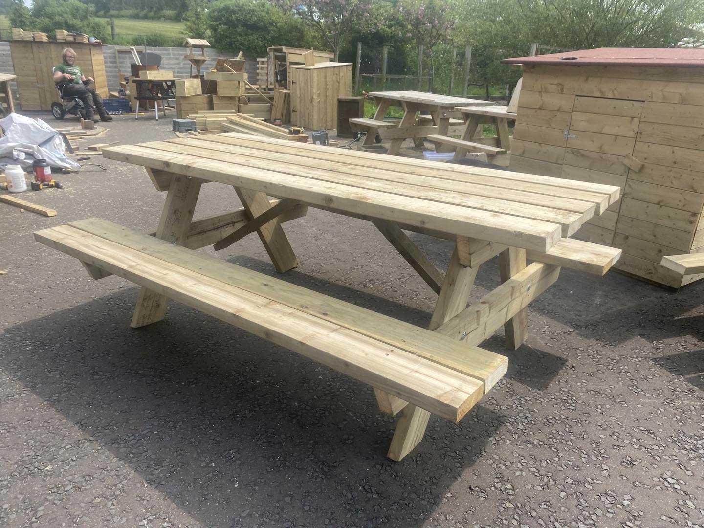Kierons Woodworking Services picnic table in workshop yard